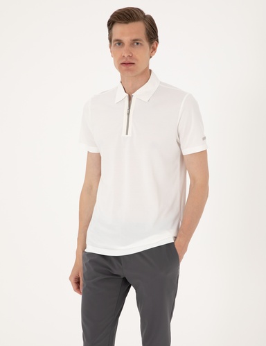 Ekru Ultralight Kumaş Slim Fit Fermuarlı Polo Yaka Tişört