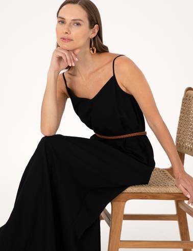 Siyah Regular Fit Dokuma Elbise