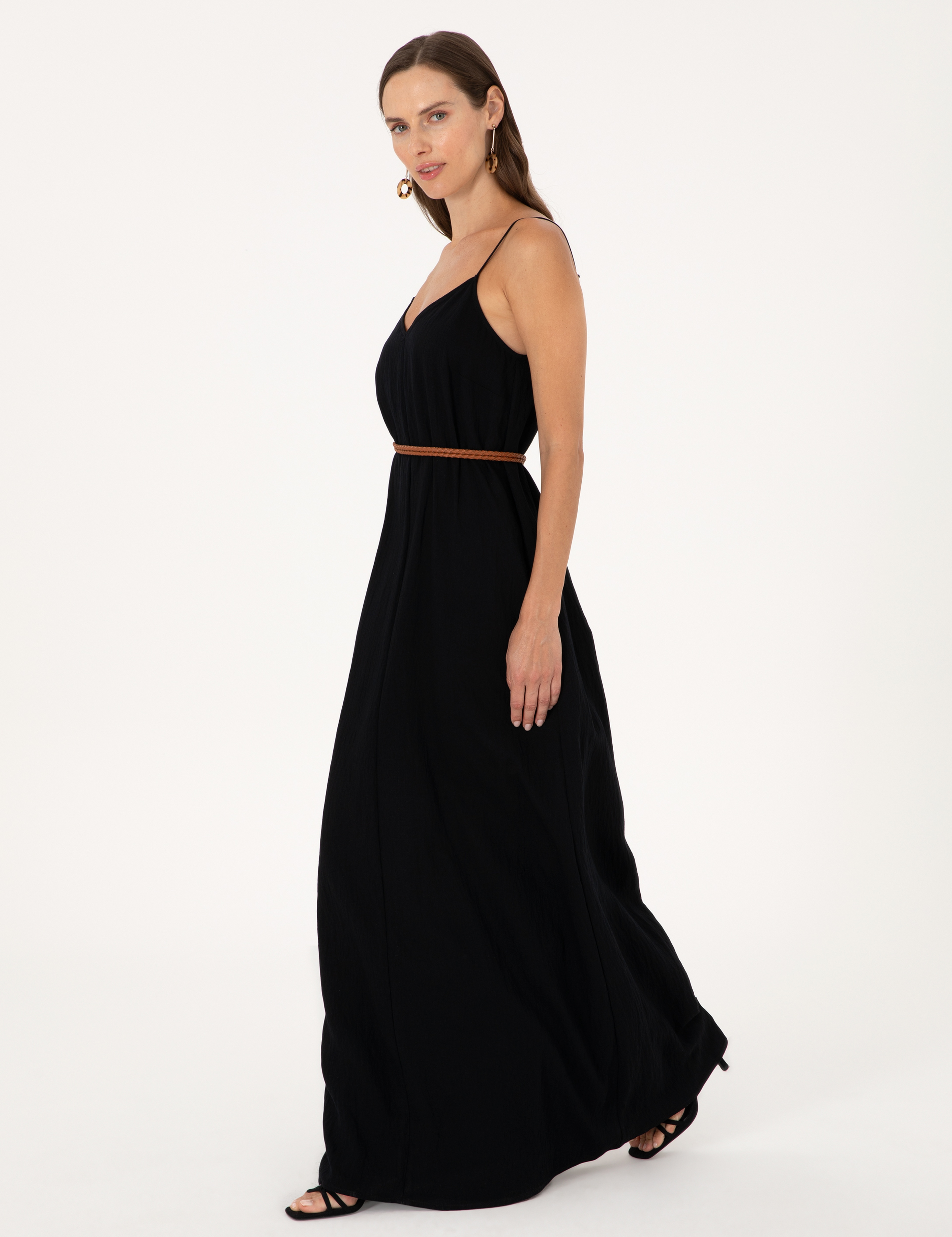 Siyah Regular Fit Dokuma Elbise - Image 3