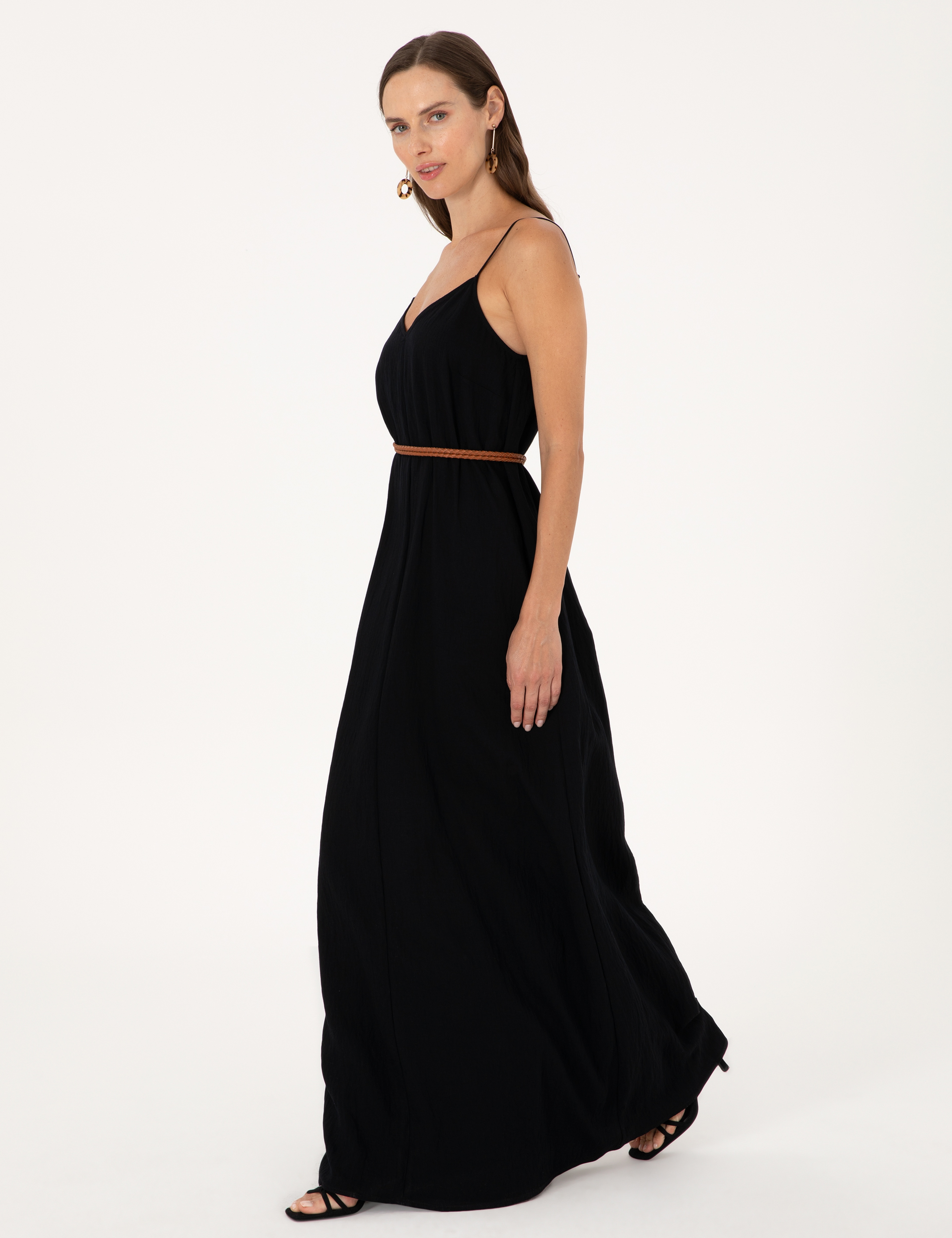 Siyah Regular Fit Dokuma Elbise