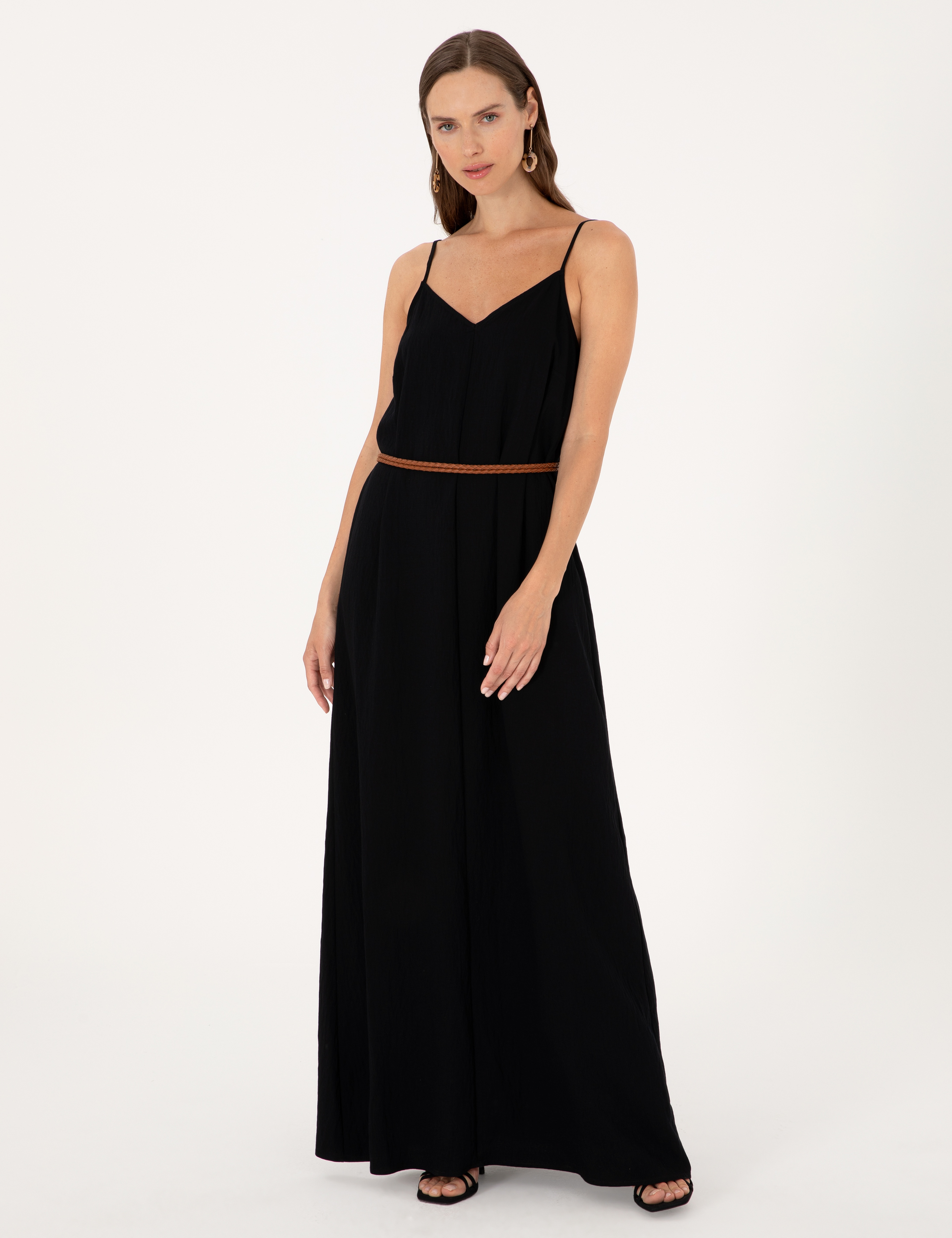 Siyah Regular Fit Dokuma Elbise - Image 1
