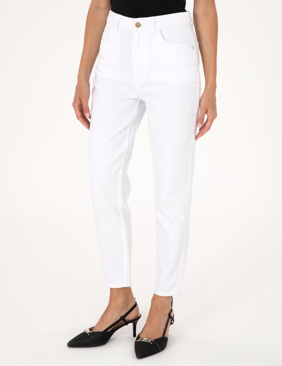 Beyaz Mom High Waist Fit Jean Pantolon