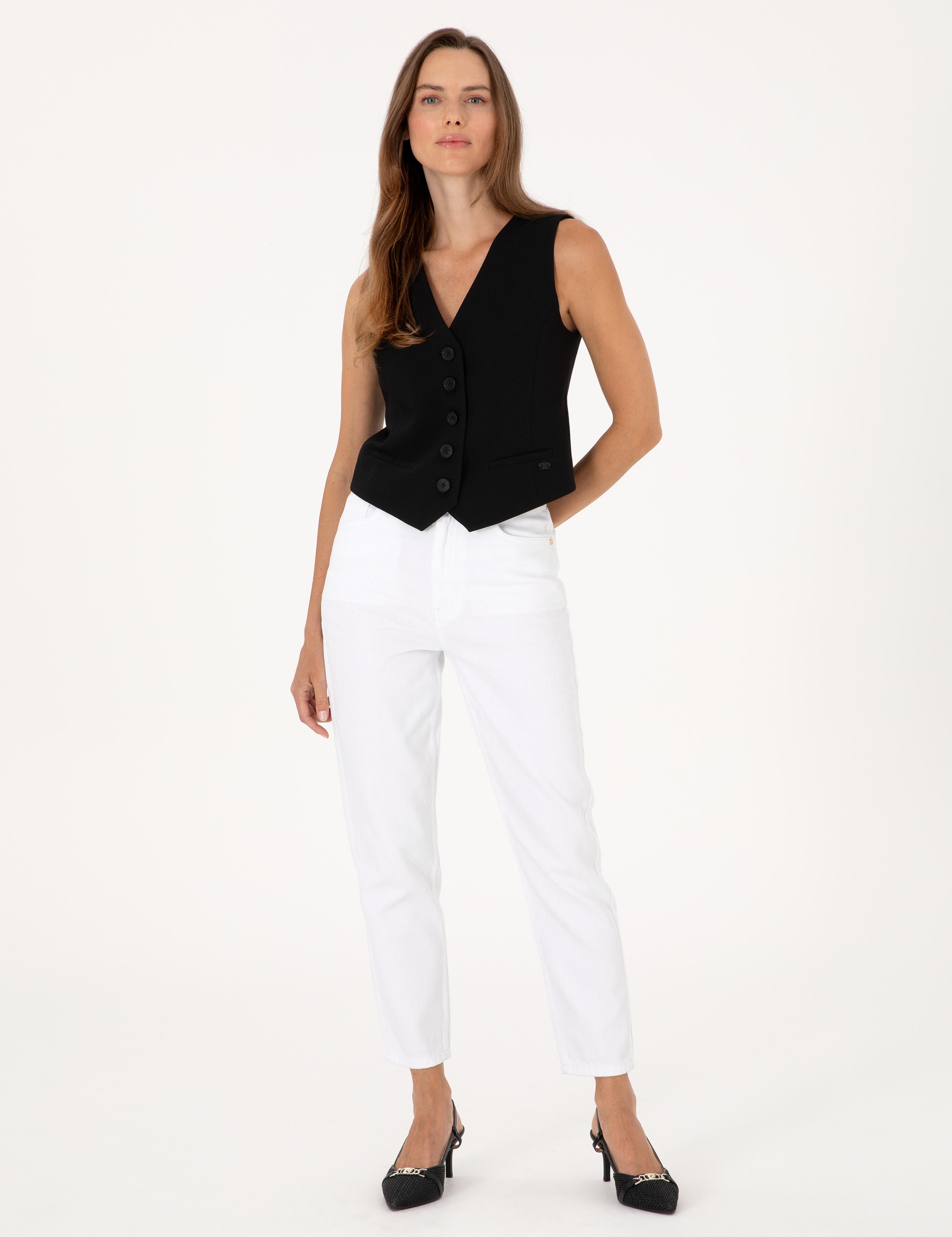 Beyaz Mom High Waist Fit Jean Pantolon