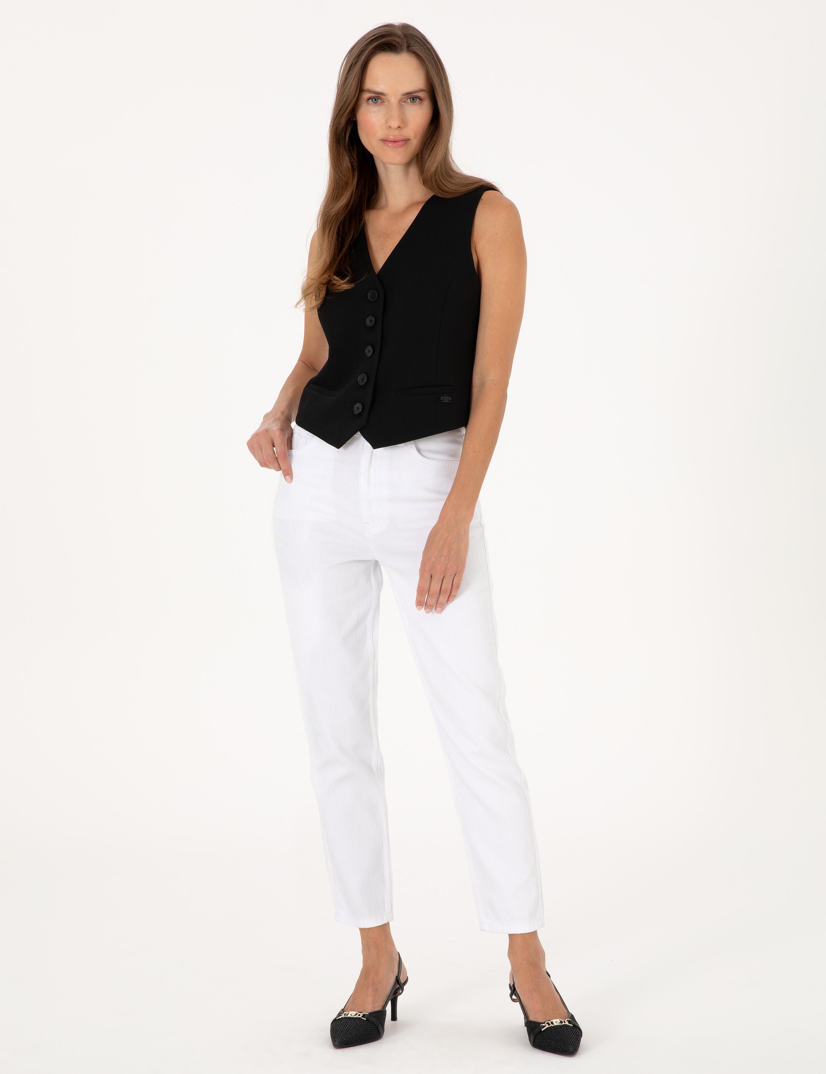 Beyaz Mom High Waist Fit Jean Pantolon