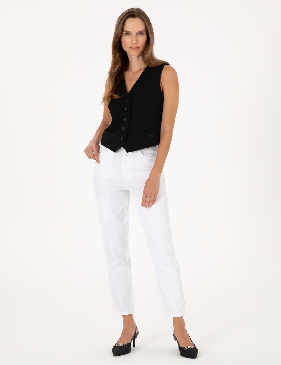 Beyaz Mom High Waist Fit Jean Pantolon