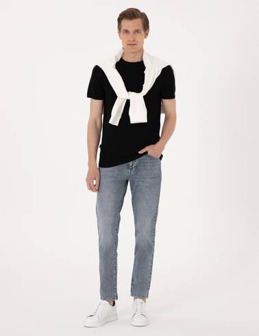 Siyah Slim Fit Keten Karışımlı Bisiklet Yaka Triko Tişört