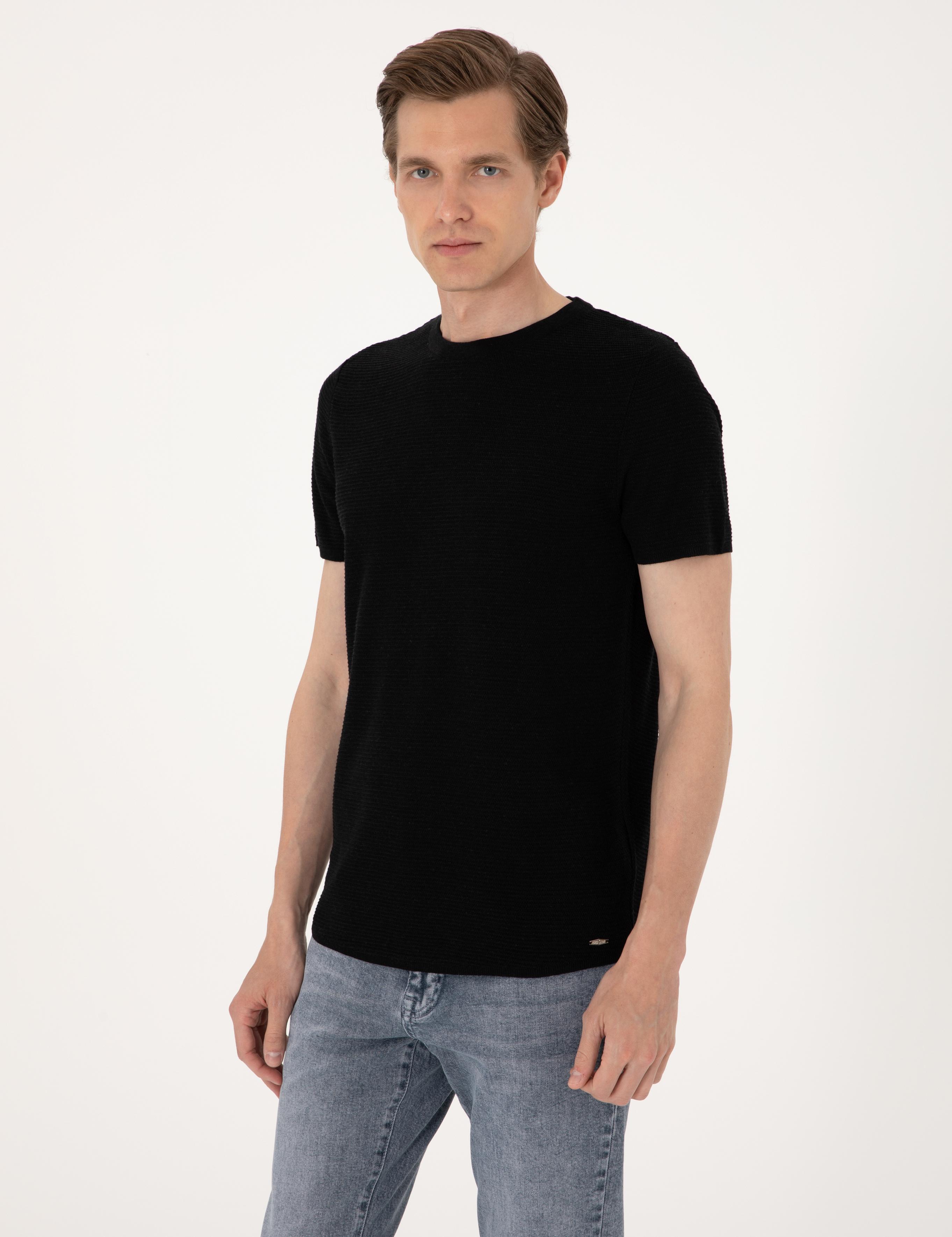 Siyah Slim Fit Keten Karışımlı Bisiklet Yaka Triko Tişört