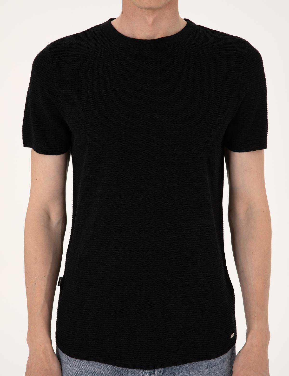 Siyah Slim Fit Keten Karışımlı Bisiklet Yaka Triko Tişört - 50305973026