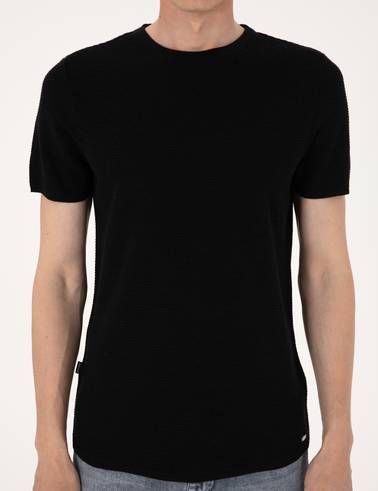 Siyah Slim Fit Keten Karışımlı Bisiklet Yaka Triko Tişört