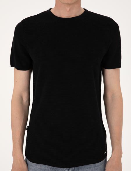 Siyah Slim Fit Keten Karışımlı Bisiklet Yaka Triko Tişört - 50305973026