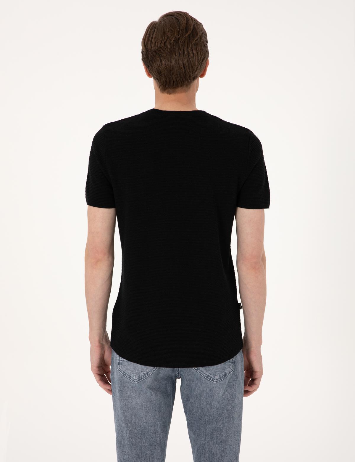 Siyah Slim Fit Keten Karışımlı Bisiklet Yaka Triko Tişört - 50305973026