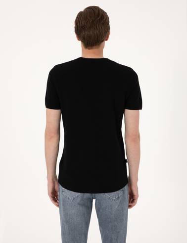Siyah Slim Fit Keten Karışımlı Bisiklet Yaka Triko Tişört