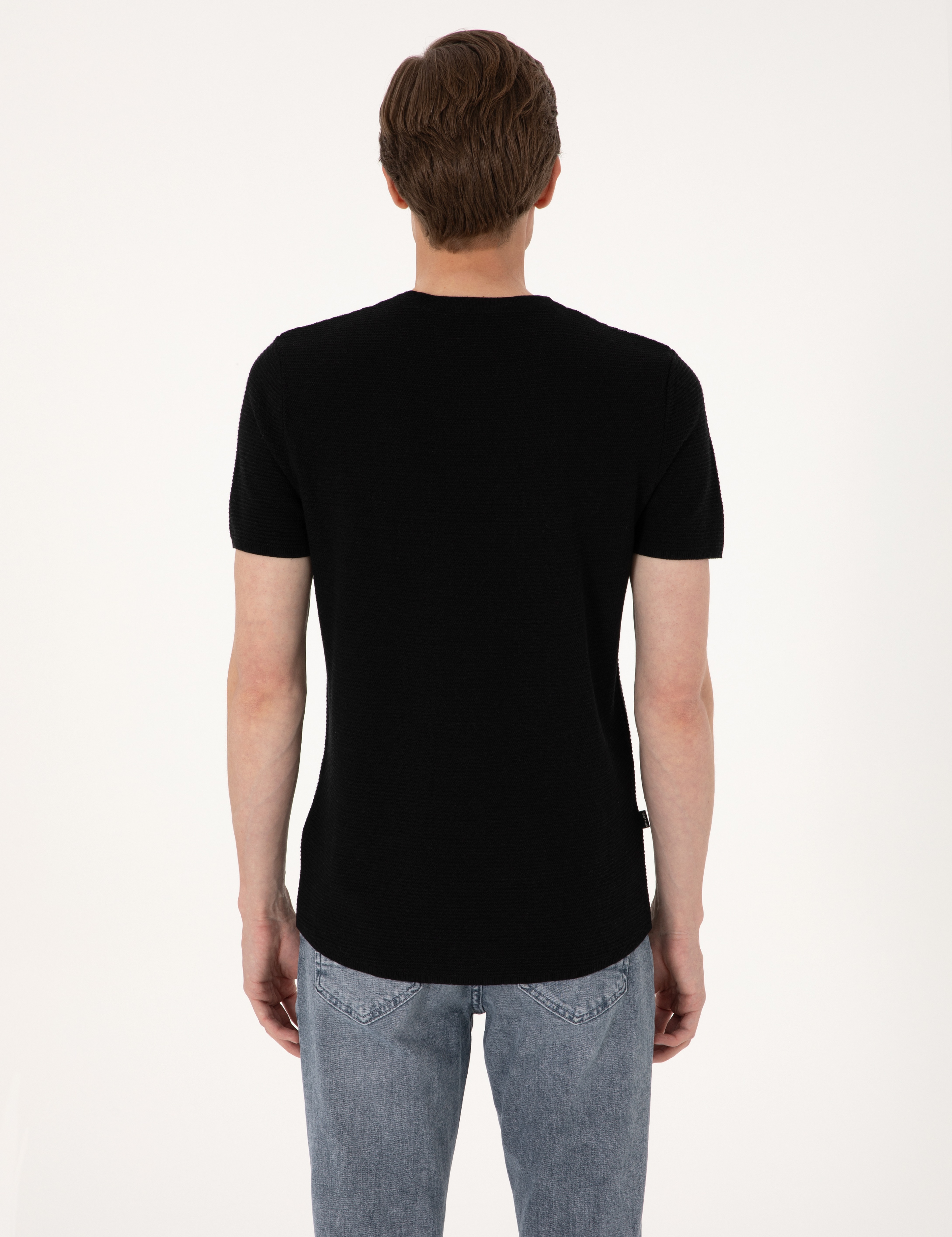 Siyah Slim Fit Keten Karışımlı Bisiklet Yaka Triko Tişört - Image 5