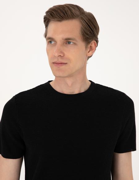 Siyah Slim Fit Keten Karışımlı Bisiklet Yaka Triko Tişört - 50305973026