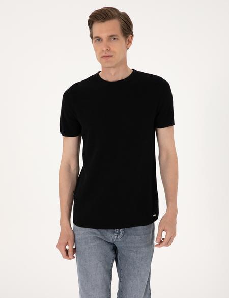 Siyah Slim Fit Keten Karışımlı Bisiklet Yaka Triko Tişört - 50305973026