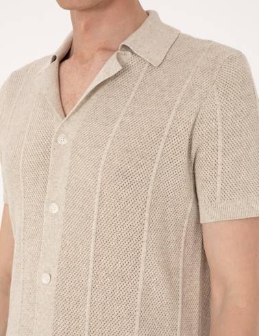 Bej Slim Fit  Kısa Kollu Düğmeli Triko Hırka