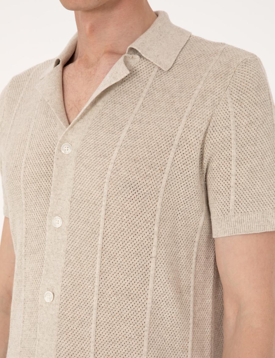 Bej Slim Fit  Kısa Kollu Düğmeli Triko Hırka