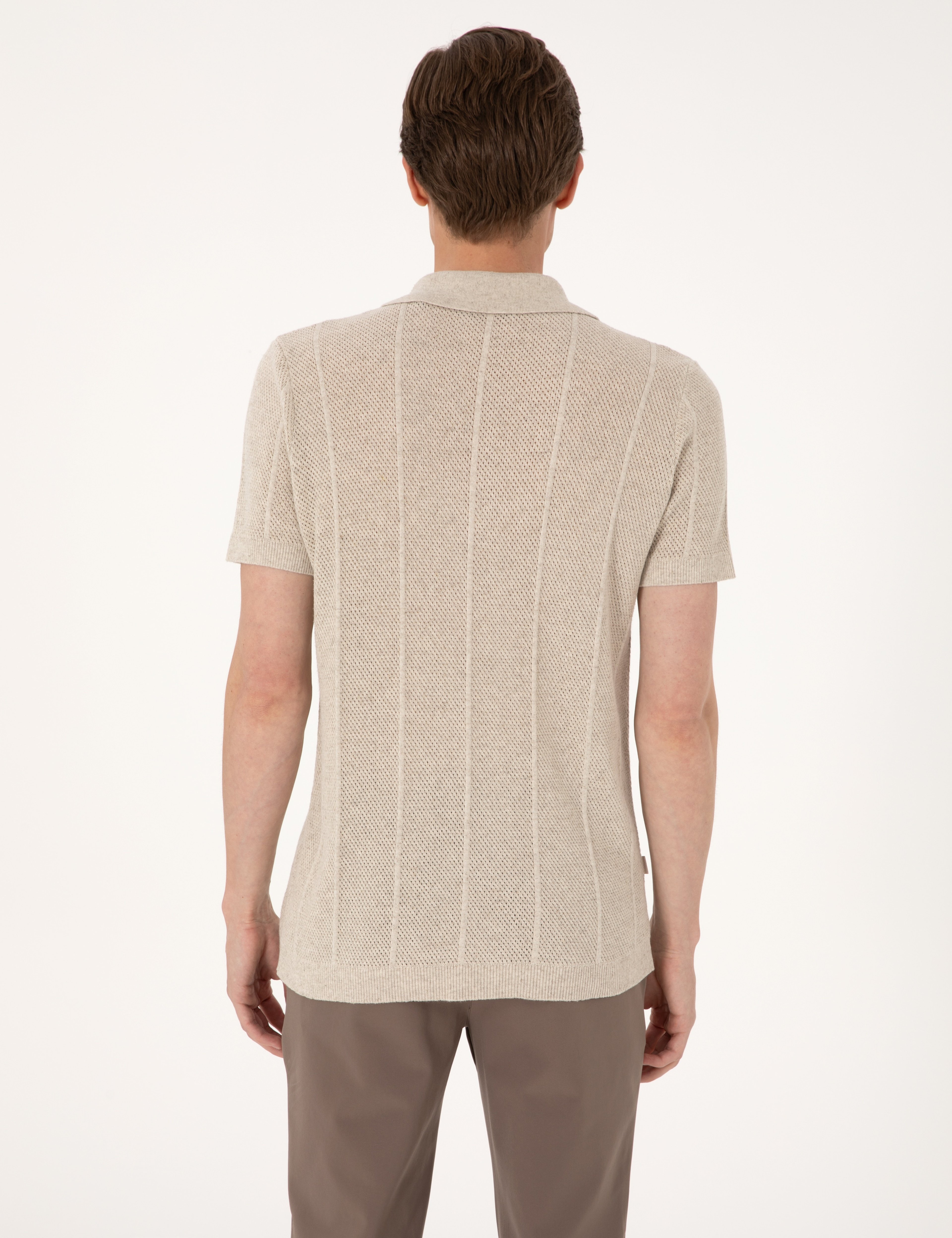 Bej Slim Fit Kısa Kollu Düğmeli Triko Hırka - Image 5