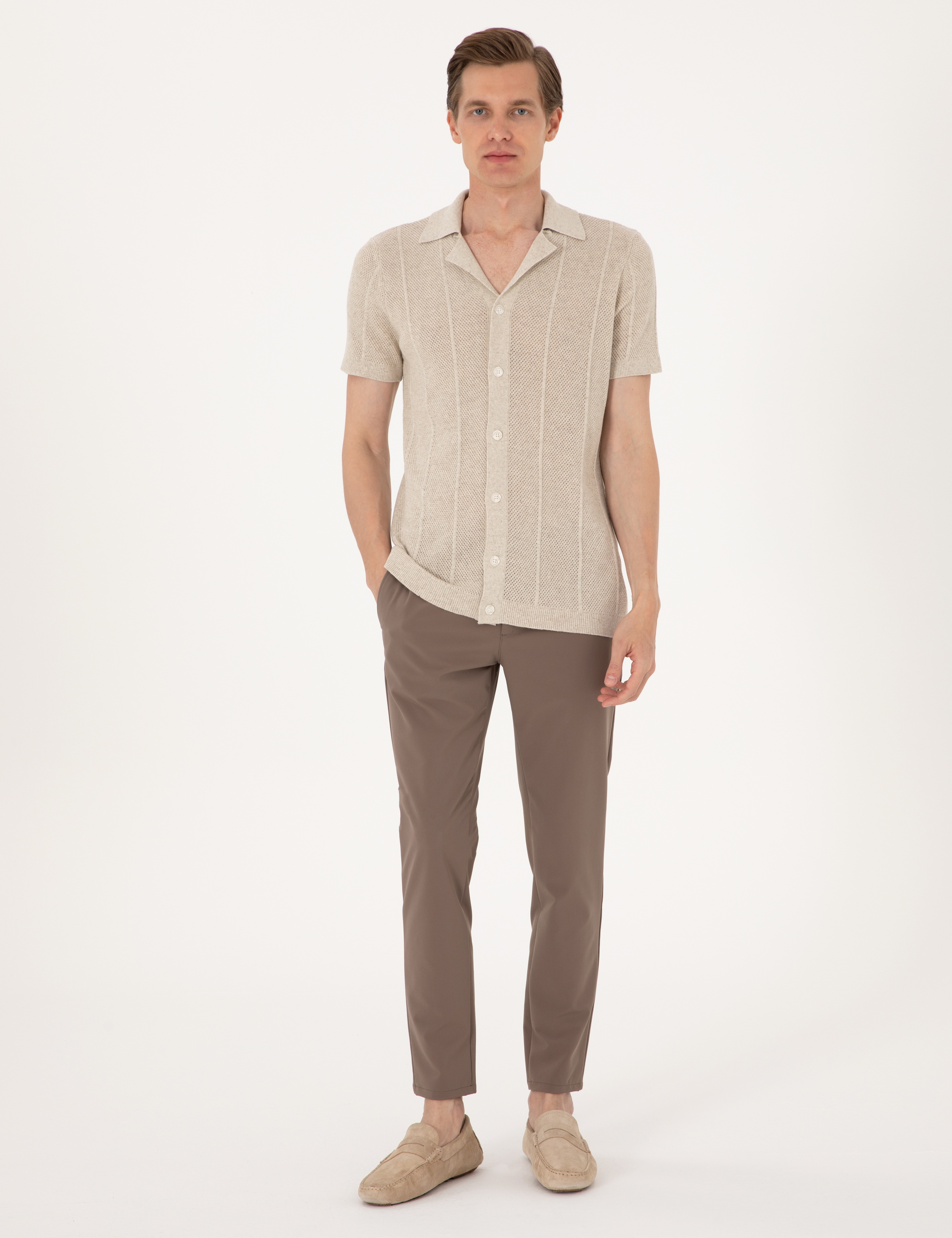 Bej Slim Fit Kısa Kollu Düğmeli Triko Hırka - Image 4