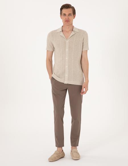 Bej Slim Fit  Kısa Kollu Düğmeli Triko Hırka - 50305993007