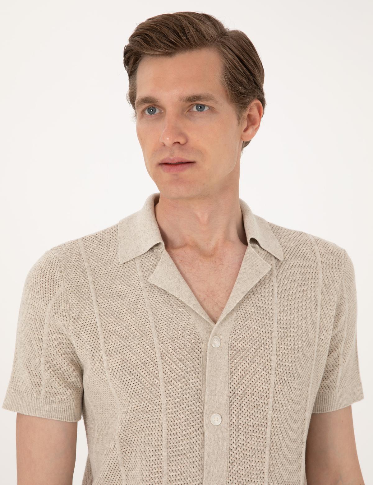 Bej Slim Fit  Kısa Kollu Düğmeli Triko Hırka - 50305993007