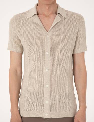 Bej Slim Fit  Kısa Kollu Düğmeli Triko Hırka
