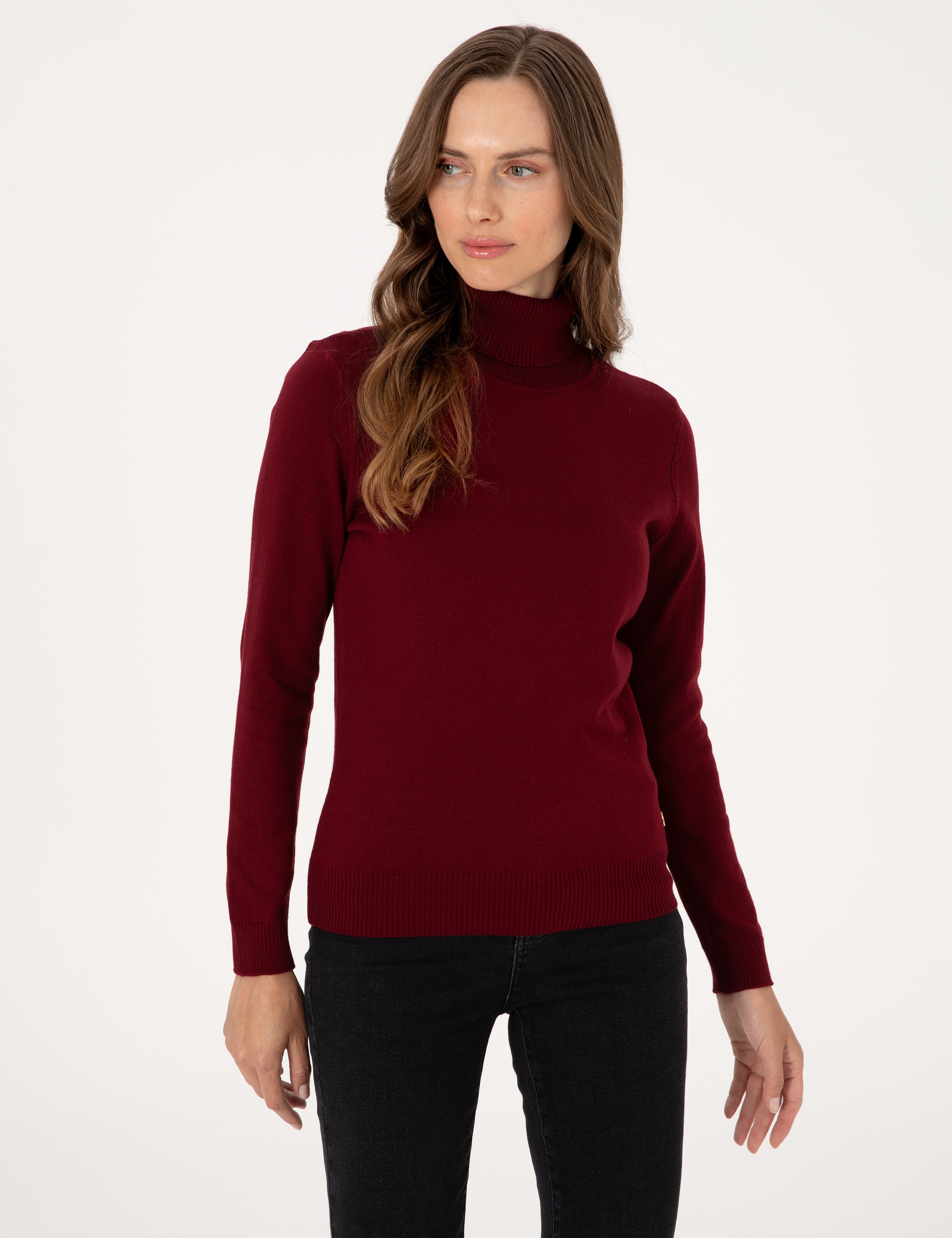 Vişne Slim Fit Balıkçı Yaka Basic Kazak