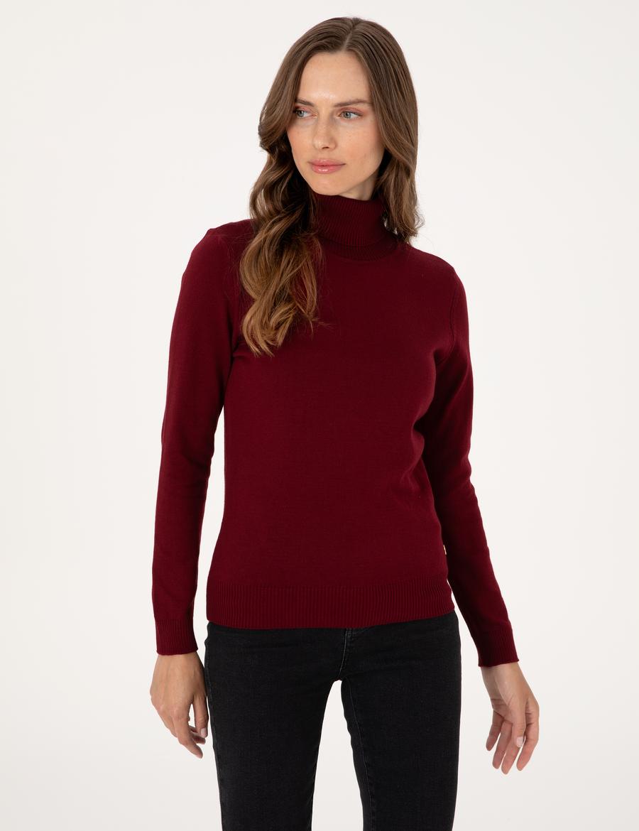 Vişne Slim Fit Balıkçı Yaka Basic Kazak