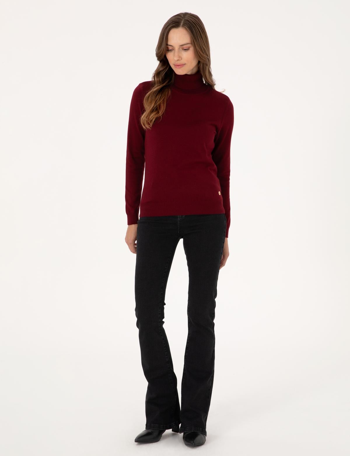 Vişne Slim Fit Balıkçı Yaka Basic Kazak - 50315747068