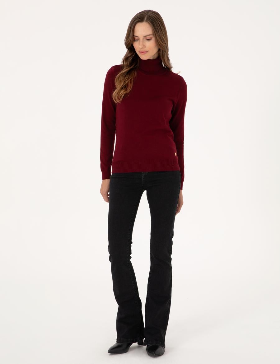 Vişne Slim Fit Balıkçı Yaka Basic Kazak