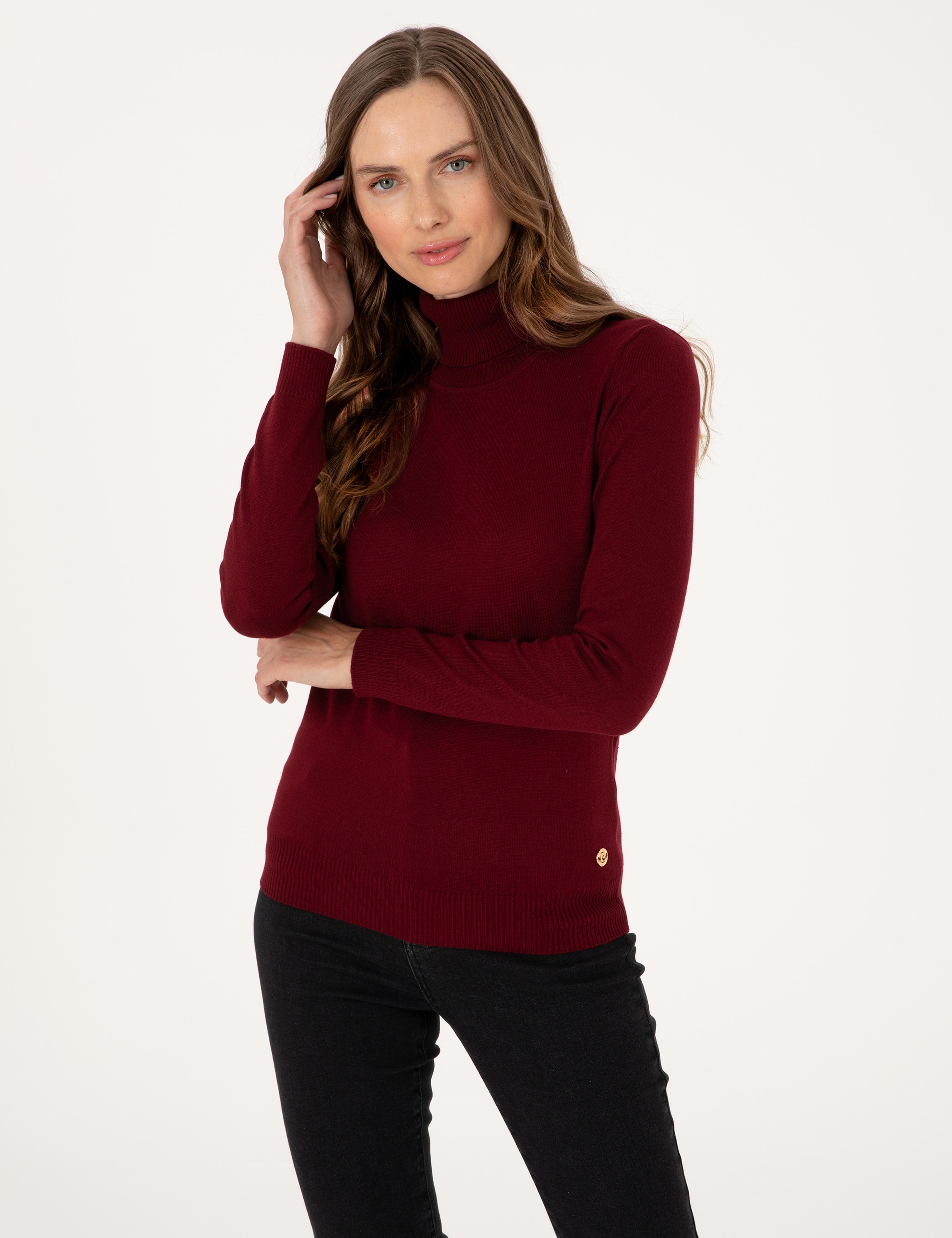 Vişne Slim Fit Balıkçı Yaka Basic Kazak