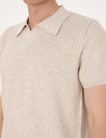 Bej Slim Fit Keten Karışımlı Polo Yaka Triko Tişört - 50305972001