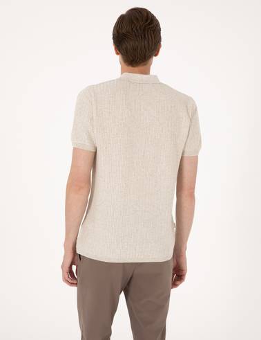 Bej Slim Fit Keten Karışımlı Apaş Yaka Triko Tişört
