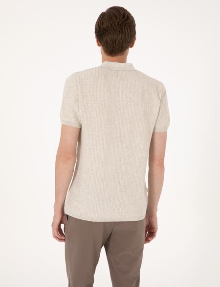 Bej Slim Fit Keten Karışımlı Polo Yaka Triko Tişört - 50305972001