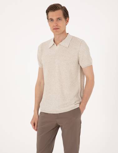 Bej Slim Fit Keten Karışımlı Apaş Yaka Triko Tişört