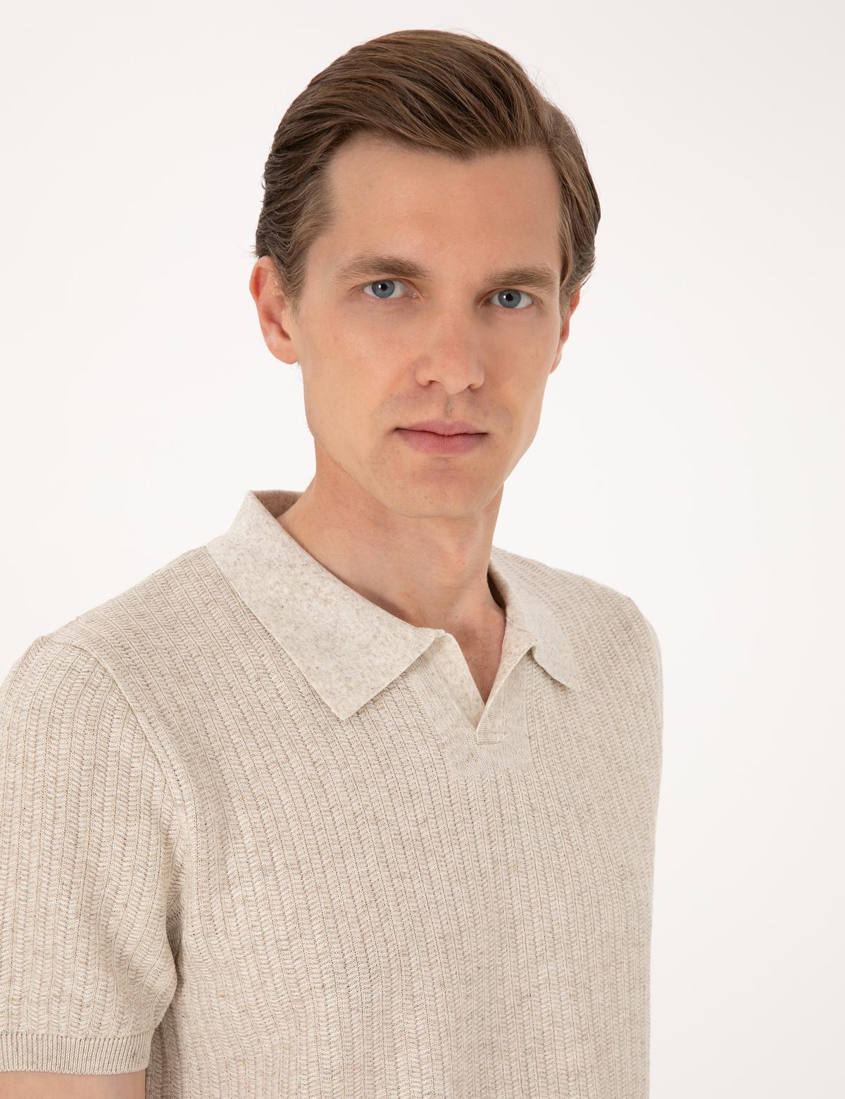 Bej Slim Fit Keten Karışımlı Polo Yaka Triko Tişört - 50305972001