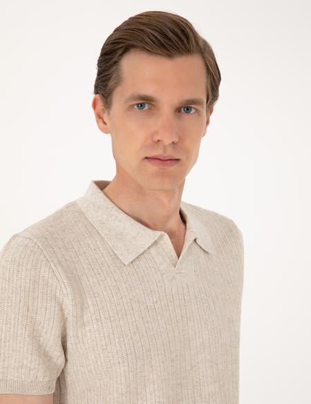 Bej Slim Fit Keten Karışımlı Polo Yaka Triko Tişört - 50305972001