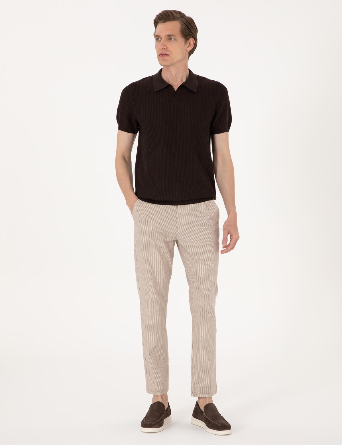 Kahverengi Slim Fit Keten Karışımlı Polo Yaka Triko Tişört - 50305972016