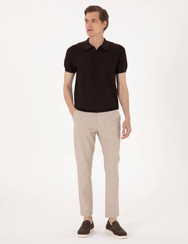 Kahverengi Slim Fit Keten Karışımlı Polo Yaka Triko Tişört