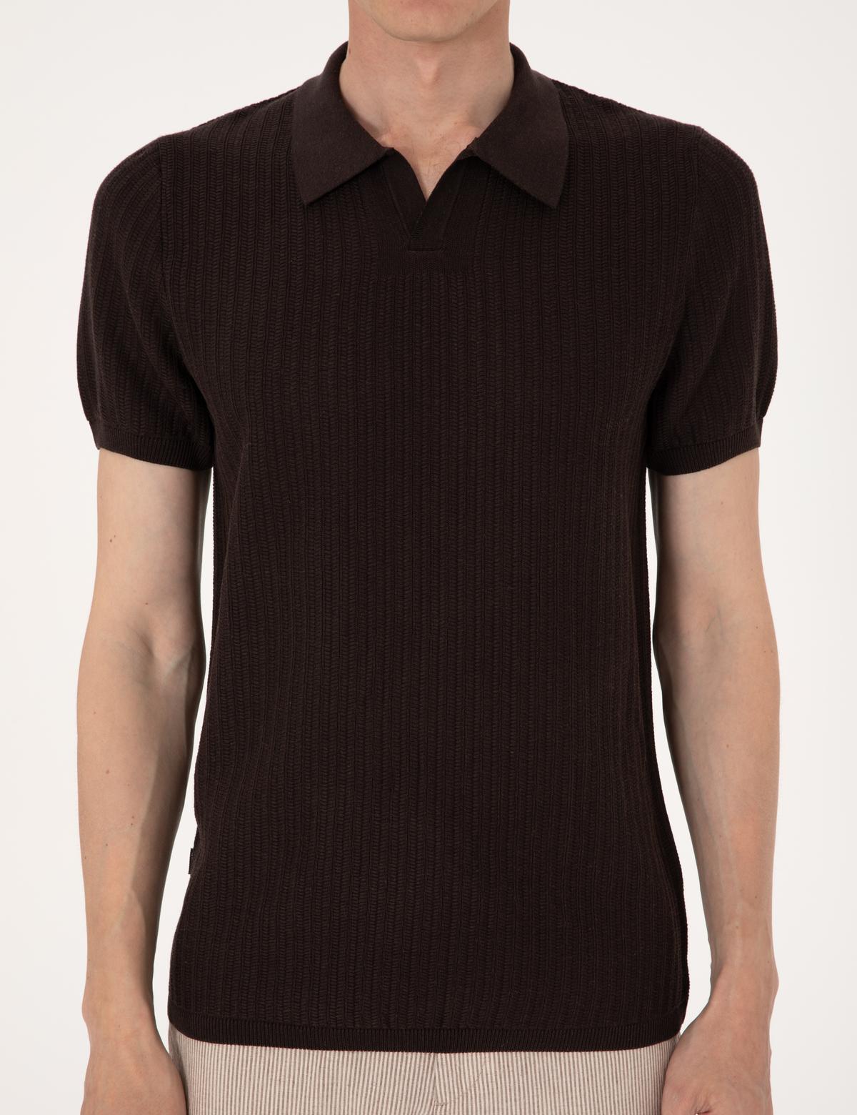 Kahverengi Slim Fit Keten Karışımlı Polo Yaka Triko Tişört - 50305972016