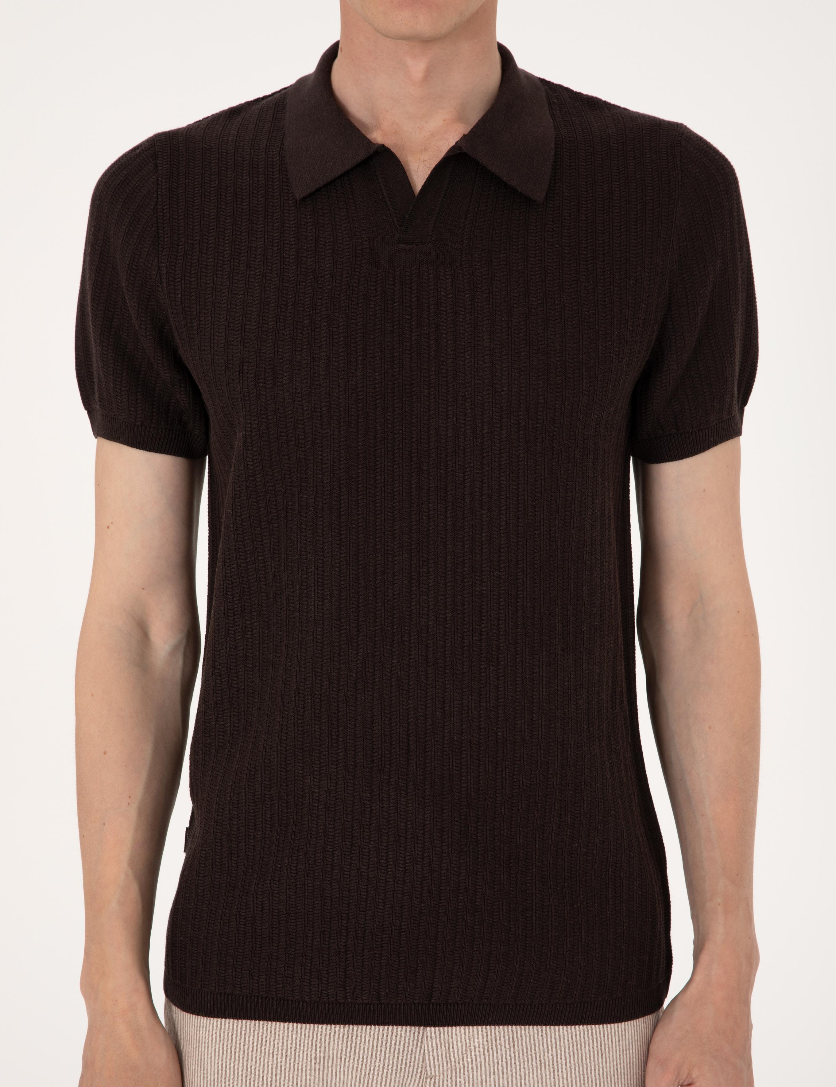 Kahverengi Slim Fit Keten Karışımlı Polo Yaka Triko Tişört