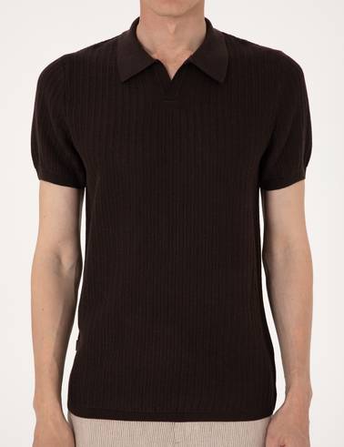 Kahverengi Slim Fit Keten Karışımlı Polo Yaka Triko Tişört