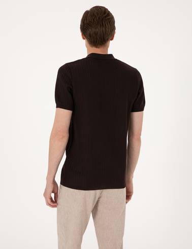 Kahverengi Slim Fit Keten Karışımlı Polo Yaka Triko Tişört