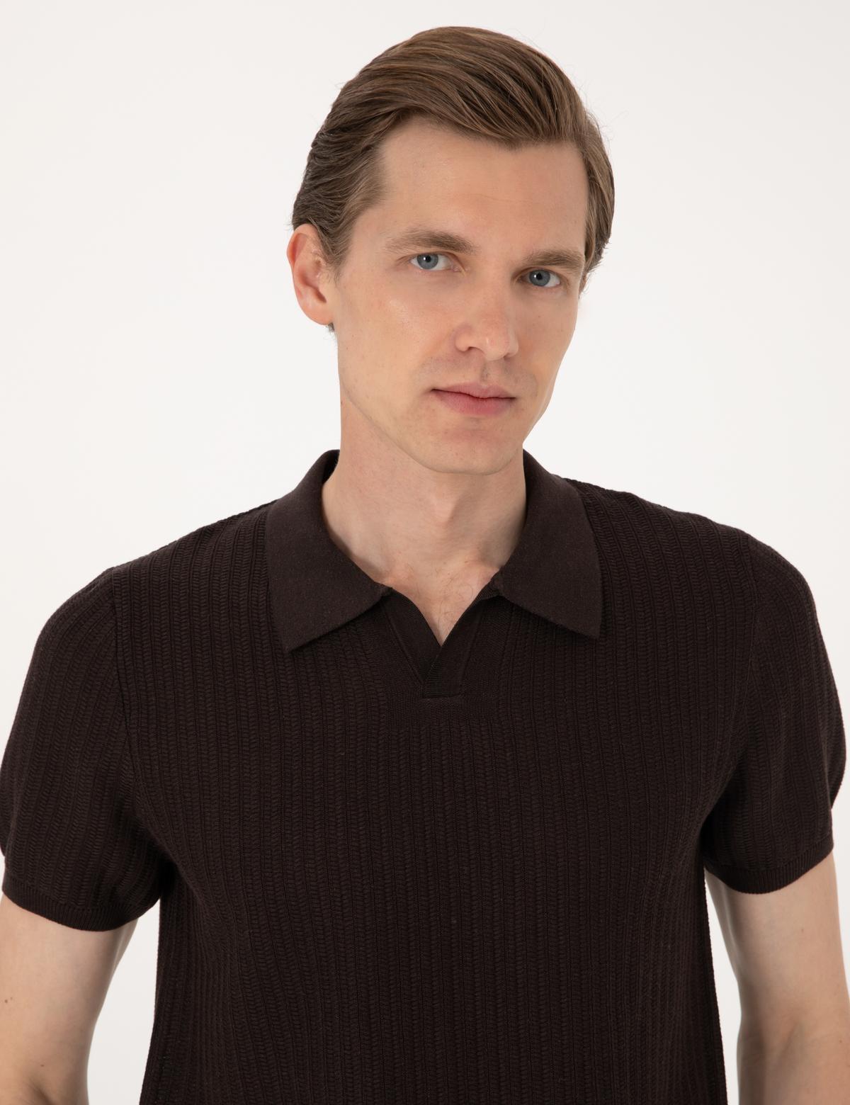 Kahverengi Slim Fit Keten Karışımlı Polo Yaka Triko Tişört - 50305972016