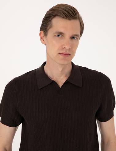 Kahverengi Slim Fit Keten Karışımlı Polo Yaka Triko Tişört
