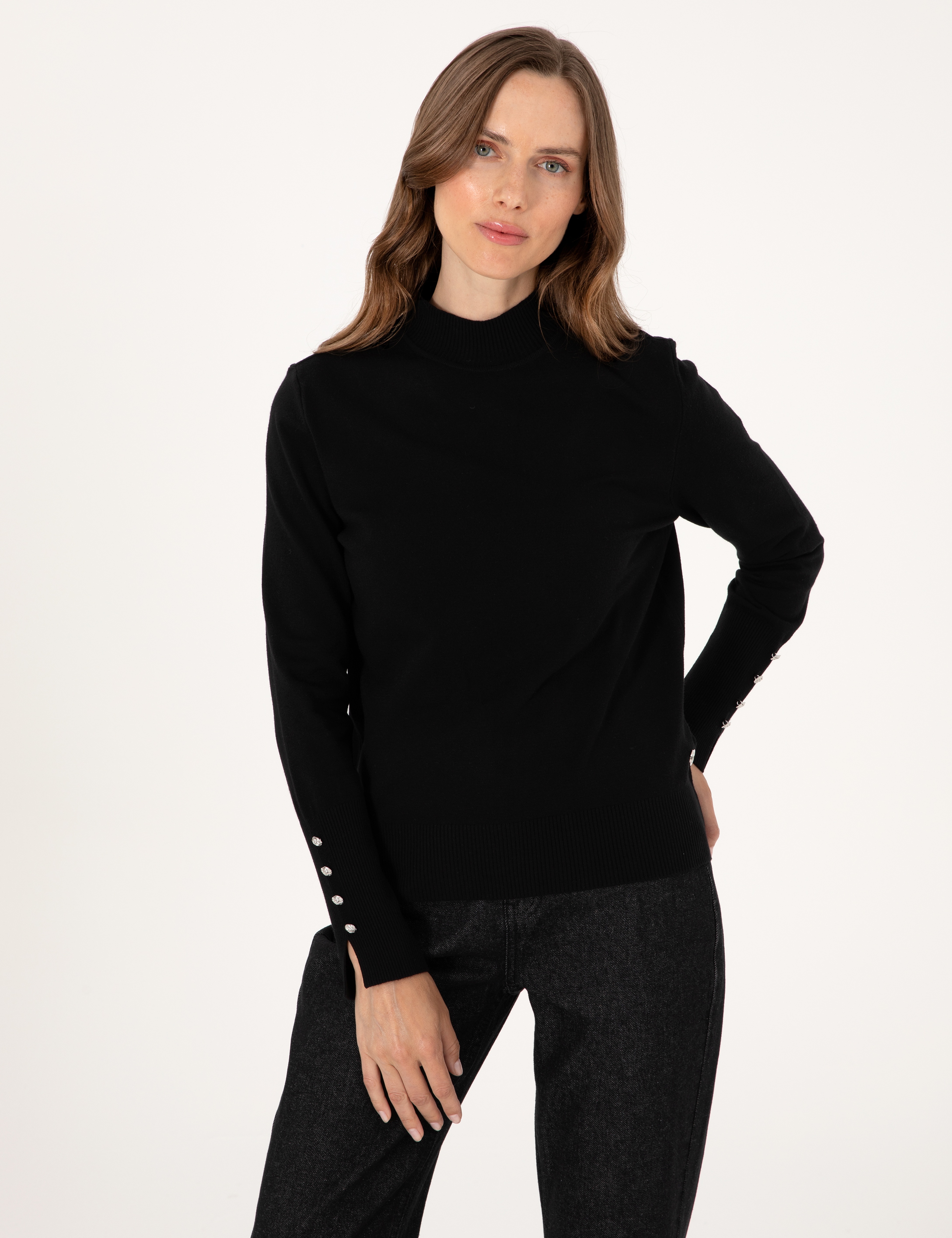 Siyah Slim Fit Yarım Balıkçı Basic Kazak - Image 3