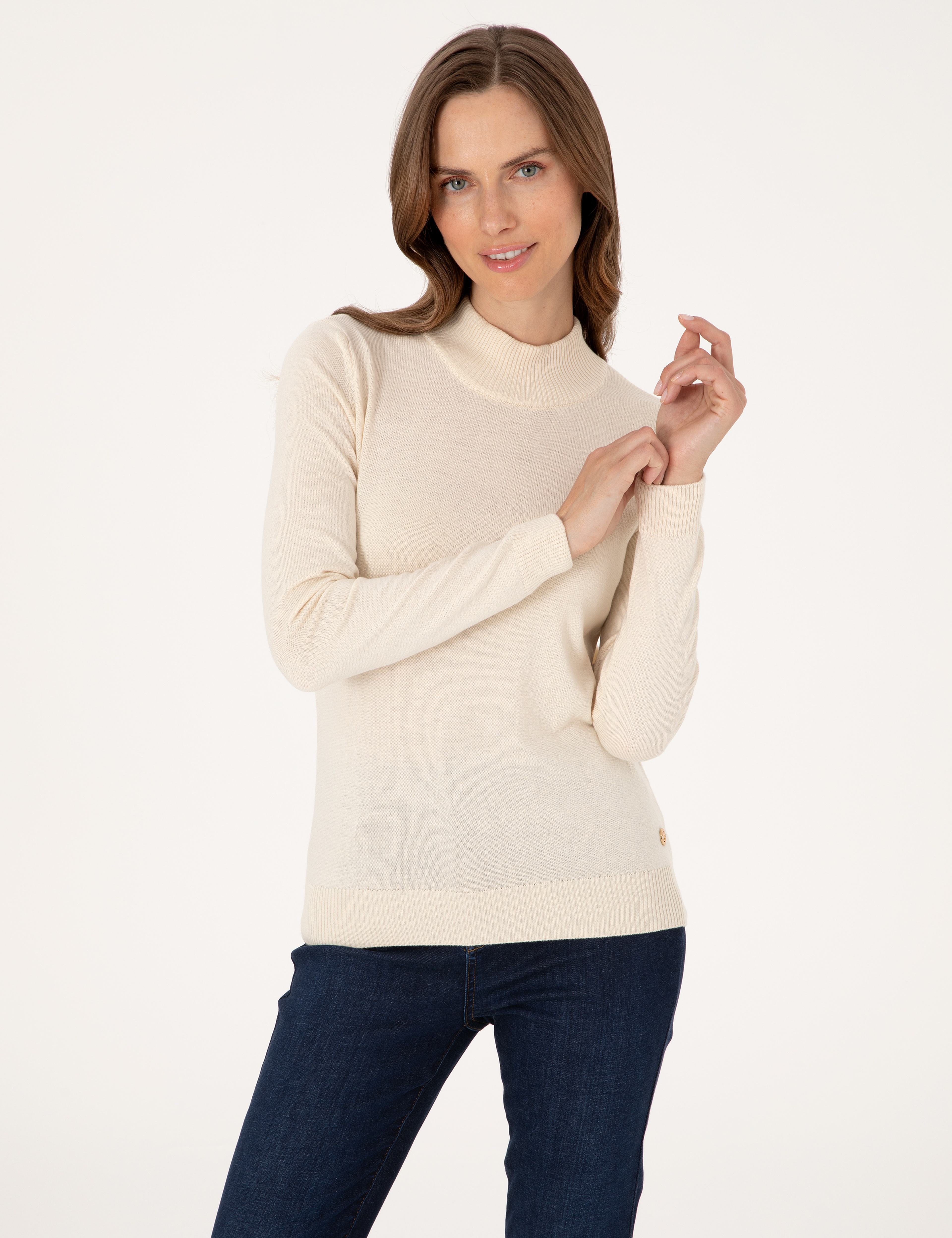 Ekru Slim Fit Yarım Balıkçı Basic Kazak
