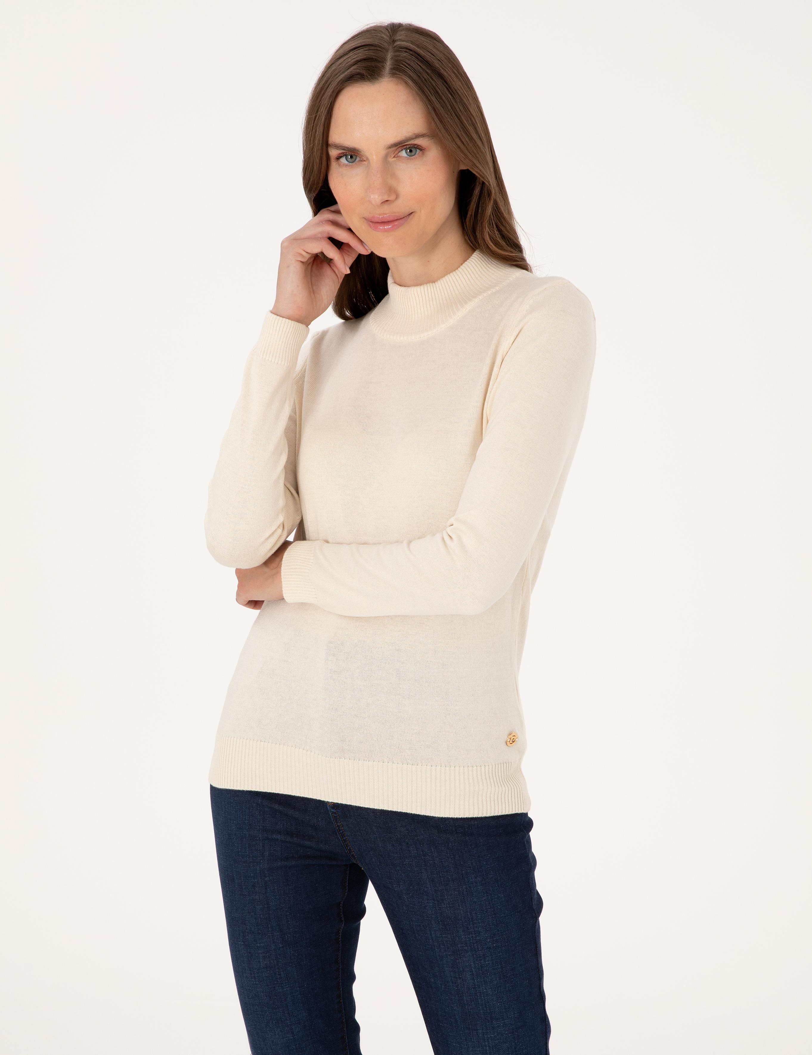 Ekru Slim Fit Yarım Balıkçı Basic Kazak