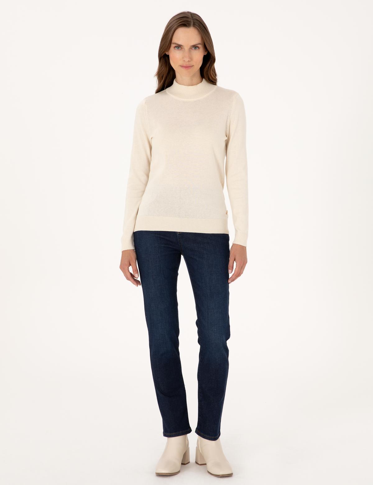 Ekru Slim Fit Yarım Balıkçı Basic Kazak - 50315768021