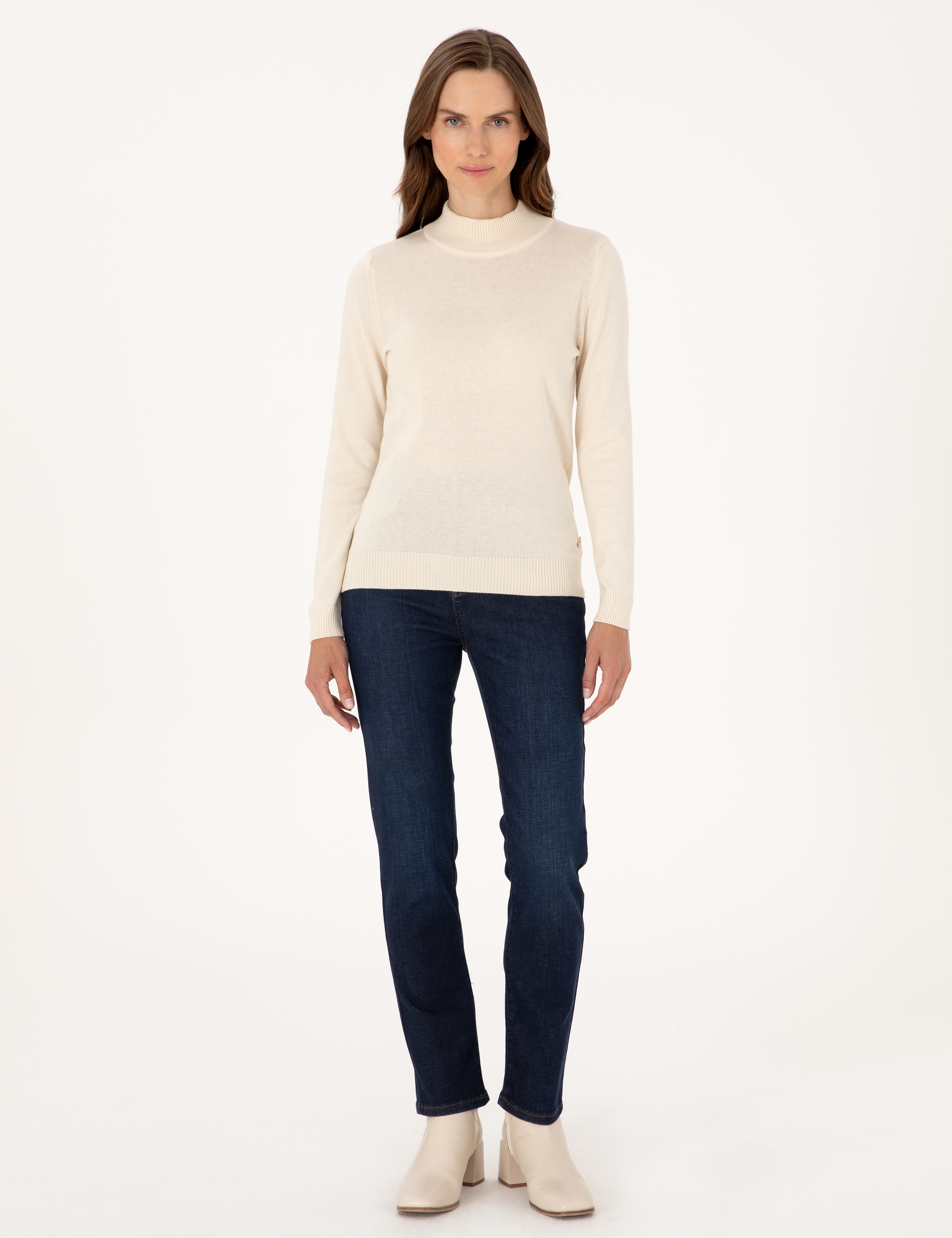 Ekru Slim Fit Yarım Balıkçı Basic Kazak - Image 1